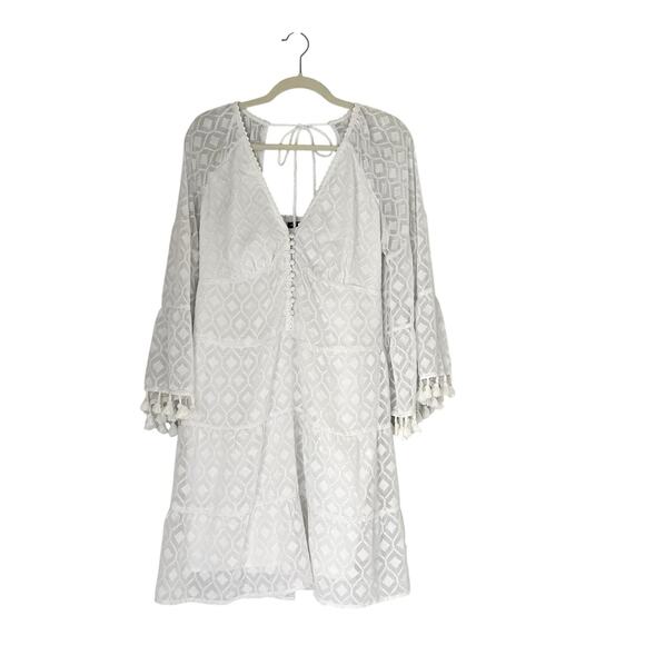 Boston Proper Long sleeve novelty fabric Tassel trim Sun dress white Sz S boho - Picture 2 of 12